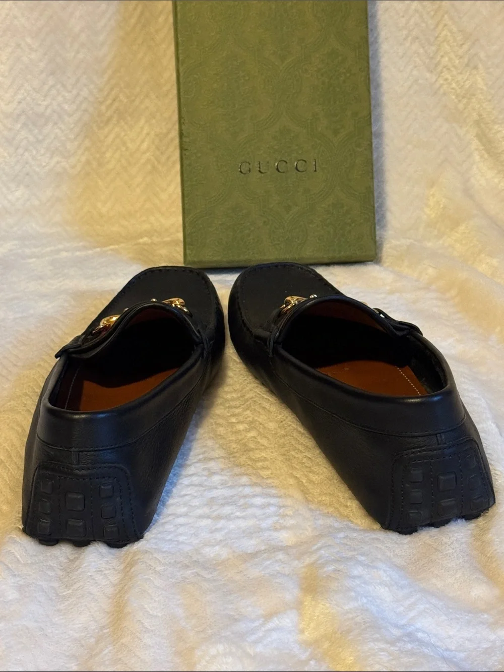 Gucci Black Leather Men’s Horsebit Drivers with Green-Red Web